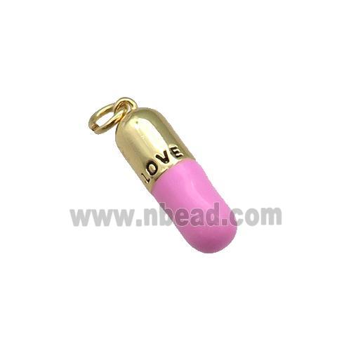 copper Pill Charm pendant with pink enamel, LOVE, gold plated