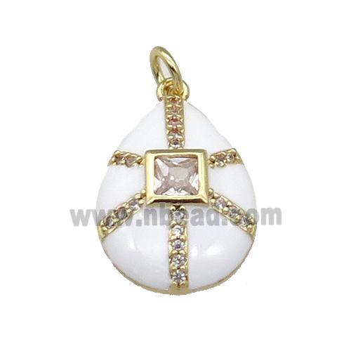 copper teardrop pendant paved zircon, white enamel, gold plated