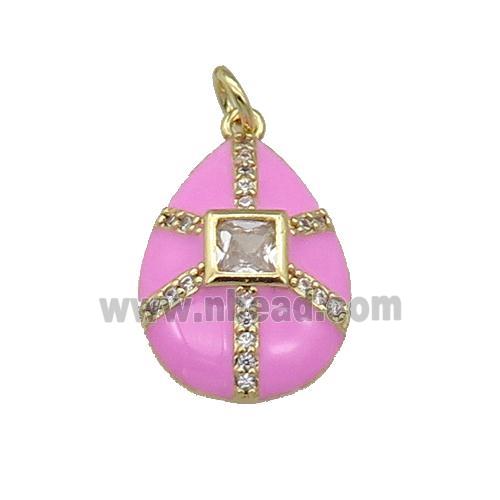 copper teardrop pendant paved zircon, pink enamel, gold plated