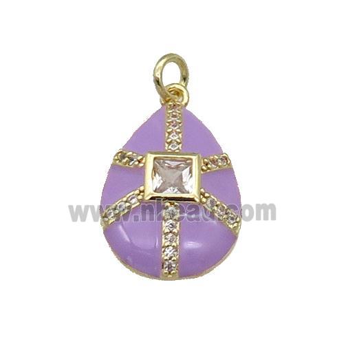 copper teardrop pendant paved zircon, purple enamel, gold plated
