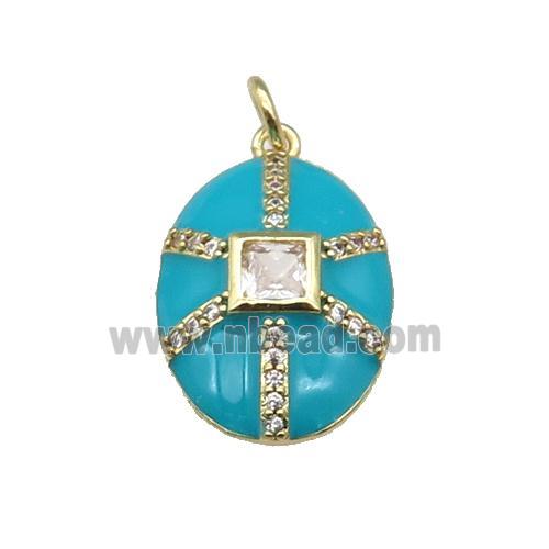 copper oval pendant paved zircon, teal enamel, gold plated