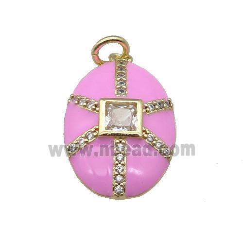 copper oval pendant paved zircon, pink enamel, gold plated