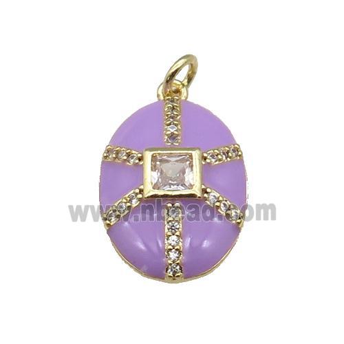 copper oval pendant paved zircon, purple enamel, gold plated