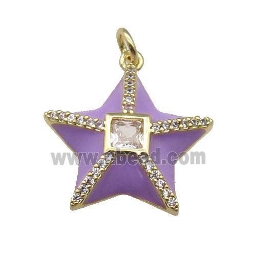 copper star pendant paved zircon, purple enamel, gold plated