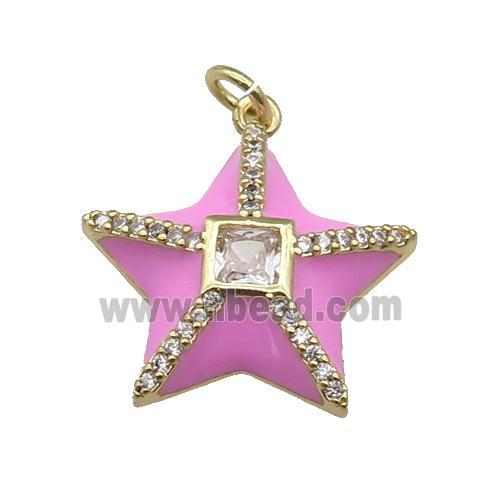 copper star pendant paved zircon, pink enamel, gold plated
