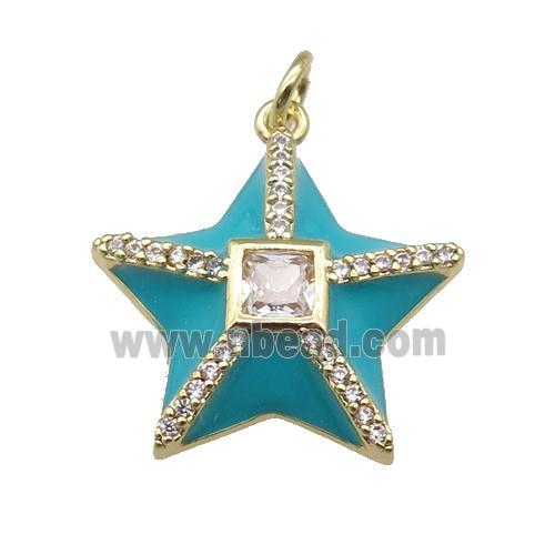 copper star pendant paved zircon, teal enamel, gold plated