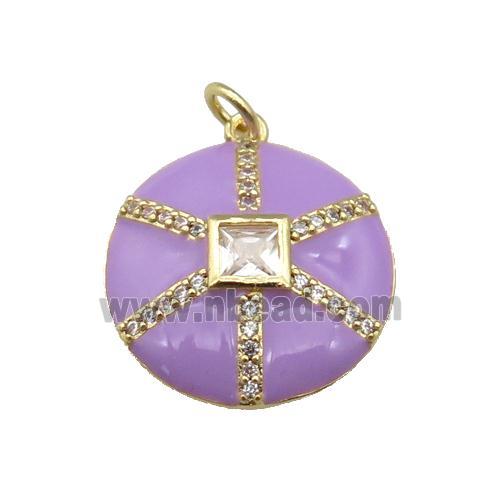 copper circle pendant paved zircon, purple enamel, gold plated