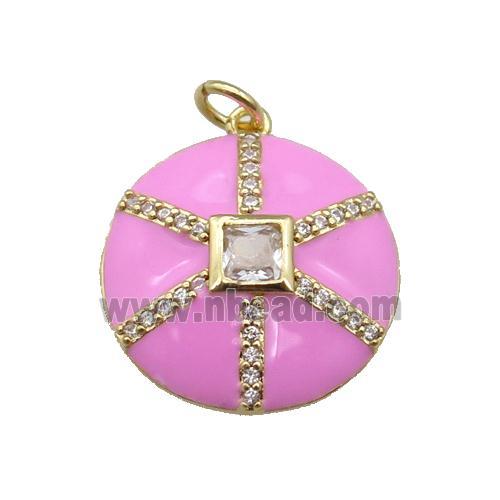 copper circle pendant paved zircon, pink enamel, gold plated