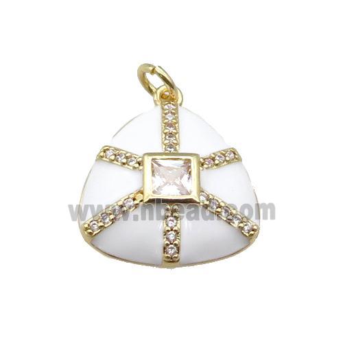 copper triangle pendant paved zircon, white enamel, gold plated
