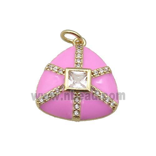copper triangle pendant paved zircon, pink enamel, gold plated