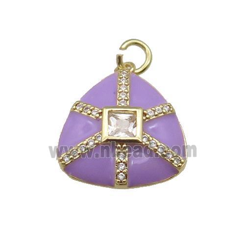 copper triangle pendant paved zircon, purple enamel, gold plated