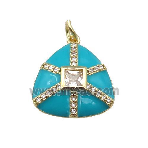 copper triangle pendant paved zircon, teal enamel, gold plated