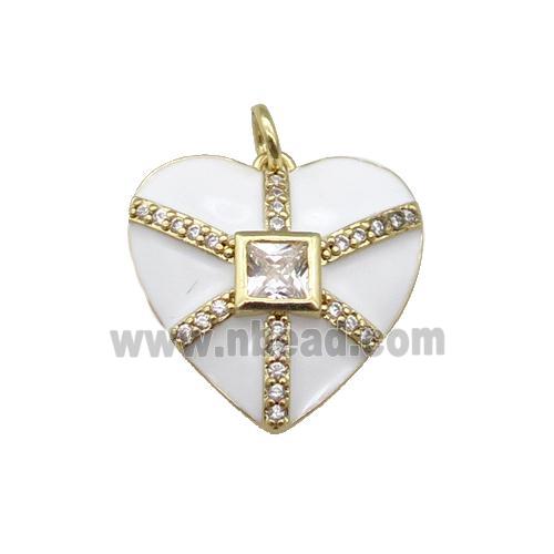 copper heart pendant paved zircon, white enamel, gold plated