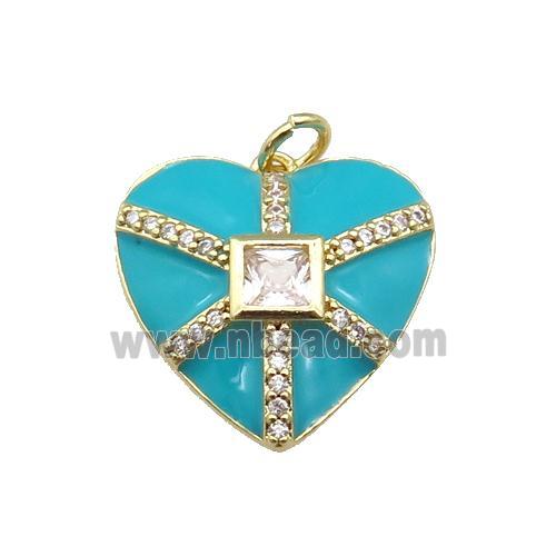 copper heart pendant paved zircon, teal enamel, gold plated