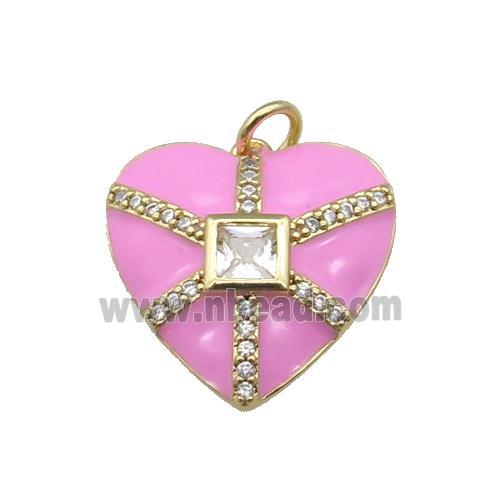 copper heart pendant paved zircon, pink enamel, gold plated