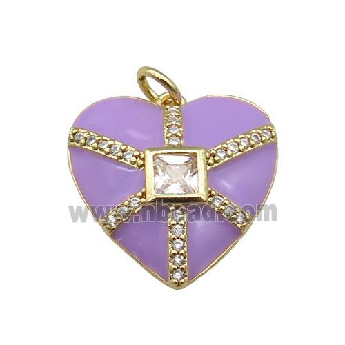 copper heart pendant paved zircon, purple enamel, gold plated