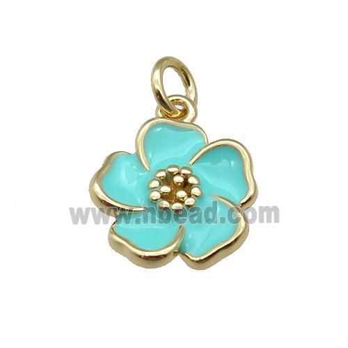 copper Flower pendant with teal enamel, gold plated