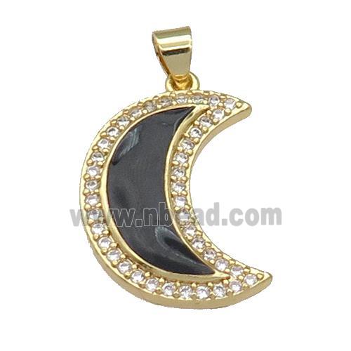 copper Moon pendant paved zircon with black enamel, gold plated