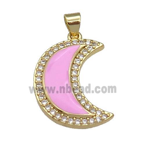 copper Moon pendant paved zircon with pink enamel, gold plated