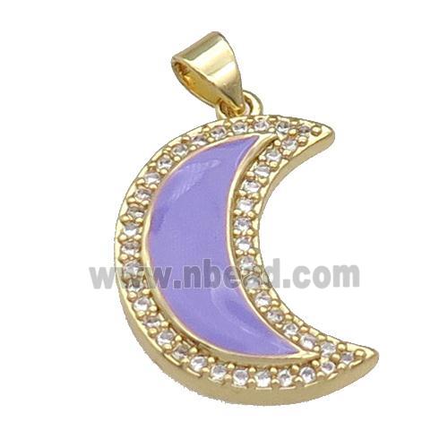copper Moon pendant paved zircon with lavender enamel, gold plated