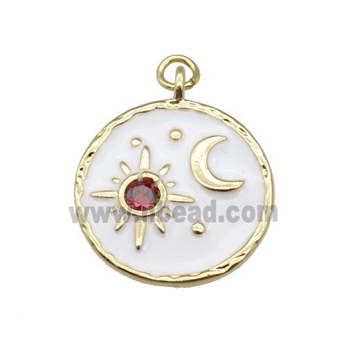 copper Circle pendant paved zircon with white enamel, moon, sun, gold plated