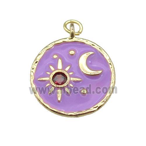 copper Circle pendant paved zircon with lavender enamel, moon, sun, gold plated