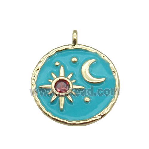 copper Circle pendant paved zircon with teal enamel, moon, sun, gold plated