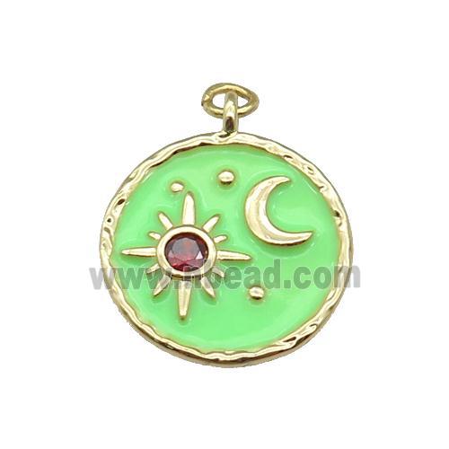 copper Circle pendant paved zircon with green enamel, moon, sun, gold plated