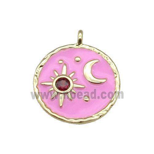 copper Circle pendant paved zircon with pink enamel, moon, sun, gold plated