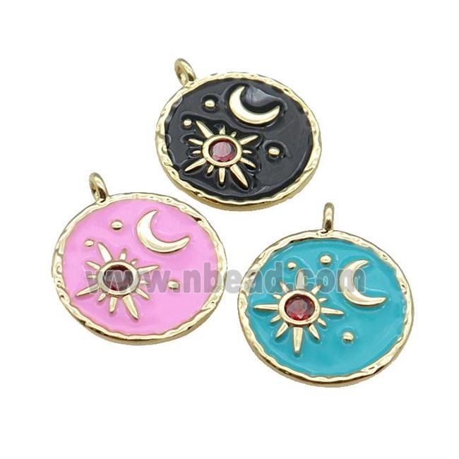 copper Circle pendant paved zircon with enamel, moon, sun, gold plated, mixed