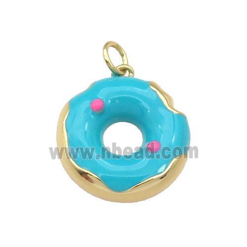 copper Donut charm pendant with teal enamel, gold plated