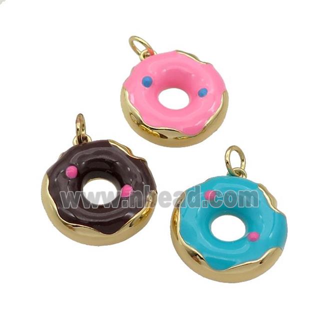 copper Donut charm pendant with enamel, gold plated, mixed