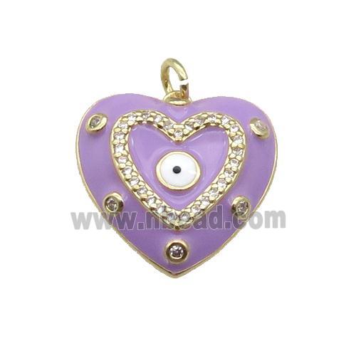 copper Heart pendant with lavender enamel, evil eye, gold plated