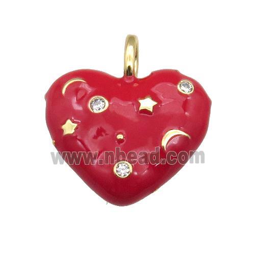 copper Heart pendant with red enamel, moon star, gold plated