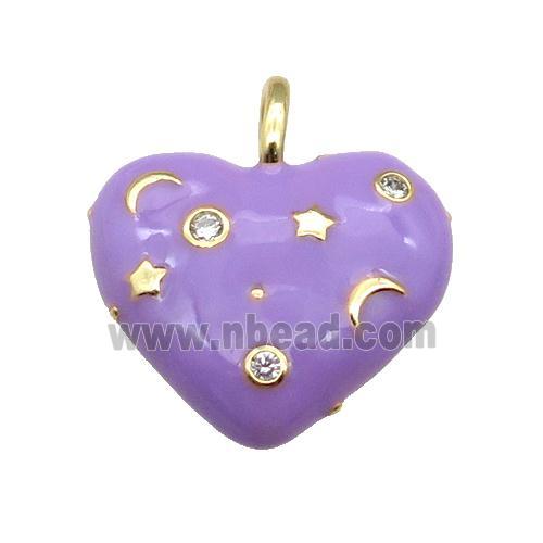 copper Heart pendant with lavender enamel, moon star, gold plated