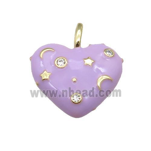 copper Heart pendant with lt.lavender enamel, moon star, gold plated