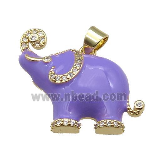 copper Elephant charm pendant with lavender enamel, gold plated