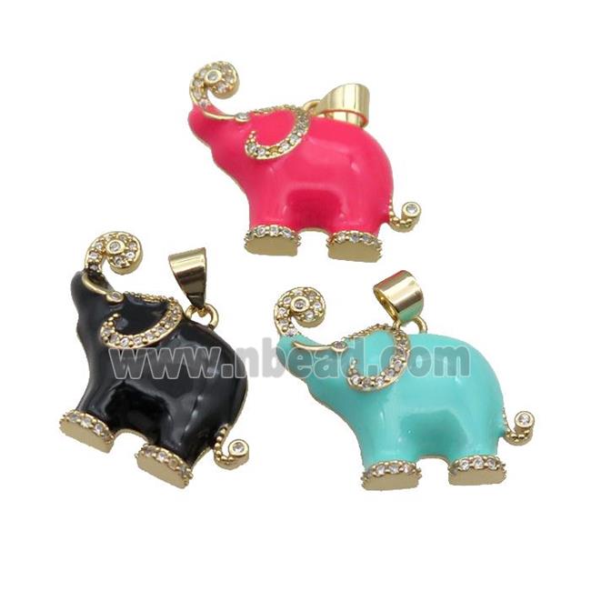copper Elephant charm pendant paved zircon with enamel, gold plated, mixed
