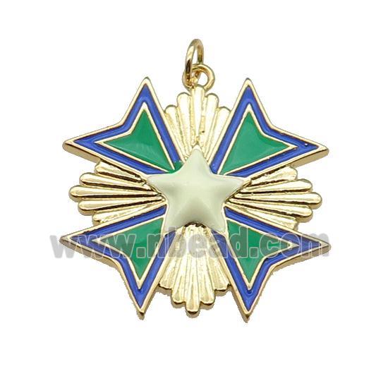 copper Star Medal pendant with green enamel, gold plated