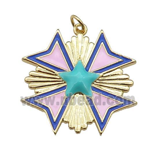 copper Star Medal pendant with pink enamel, gold plated