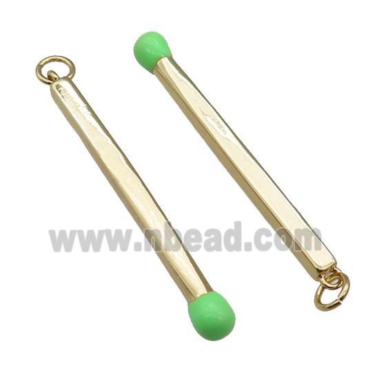 copper Matches charm pendant with green enamel, gold plated