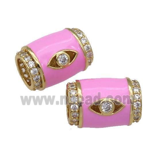 copper Tube beads paved zircon with pink enamel, eye, gold plated