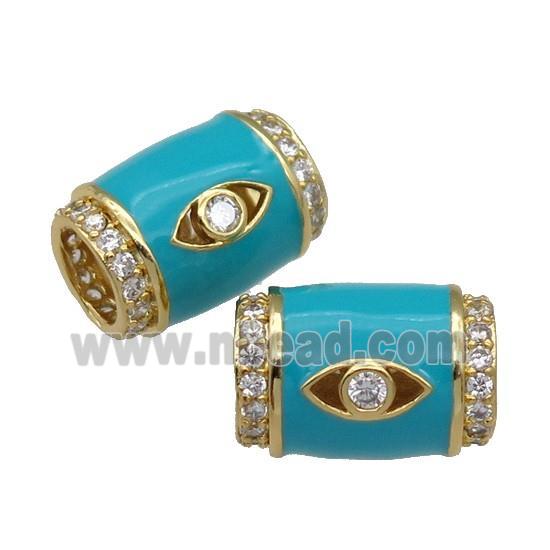 copper Tube beads paved zircon with teal enamel, eye, gold plated