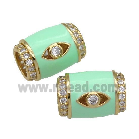 copper Tube beads paved zircon with green enamel, eye, gold plated