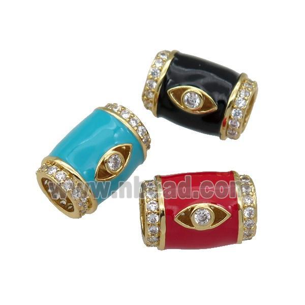 copper Tube beads paved zircon with enamel, eye, gold plated, mixed