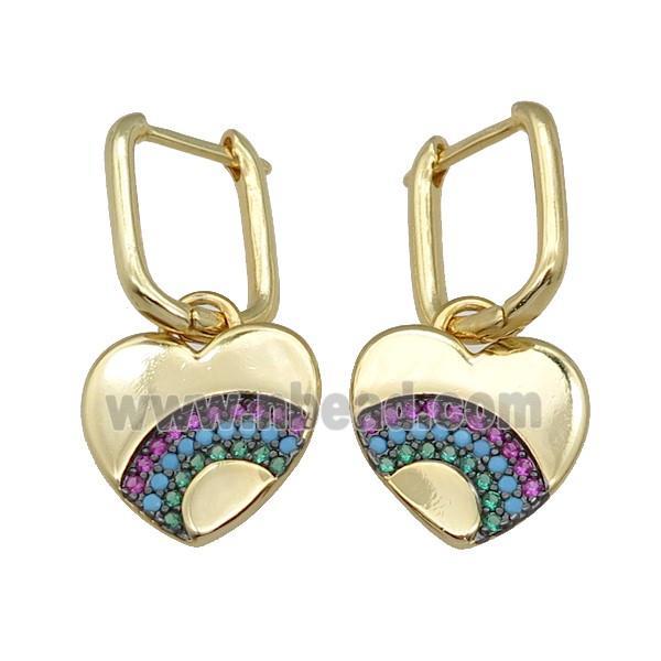 copper Latchback Earring with Heart paved zircon, rainbow, gold plated