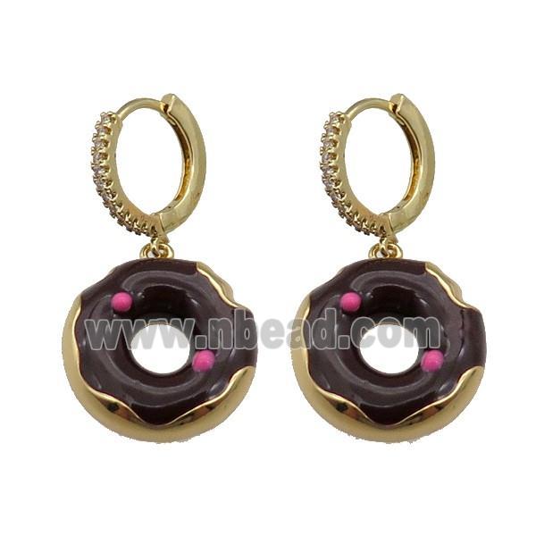 copper Hoop Earring paved zircon with black enamel donut, gold plated