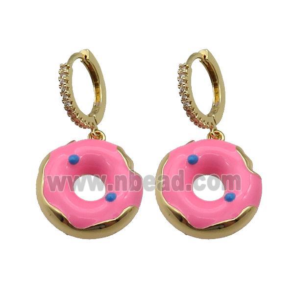copper Hoop Earring paved zircon with pink enamel donut, gold plated
