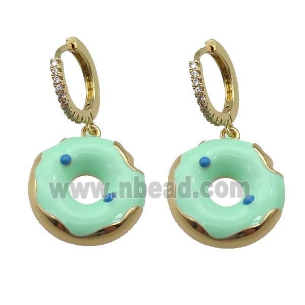 copper Hoop Earring paved zircon with green enamel donut, gold plated
