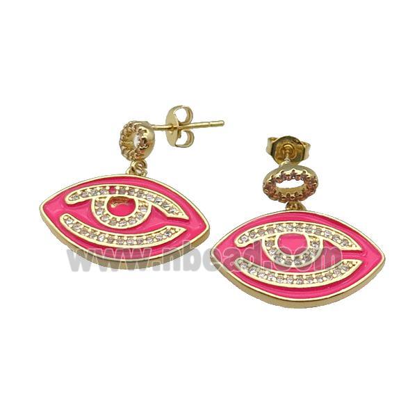 copper Stud Earring with hotpink enamel Eye, gold plated